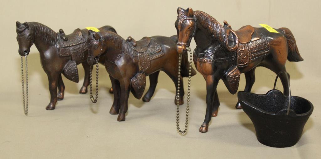 3 metal horses and cast iron coal bucket souvenir (1 of 1)