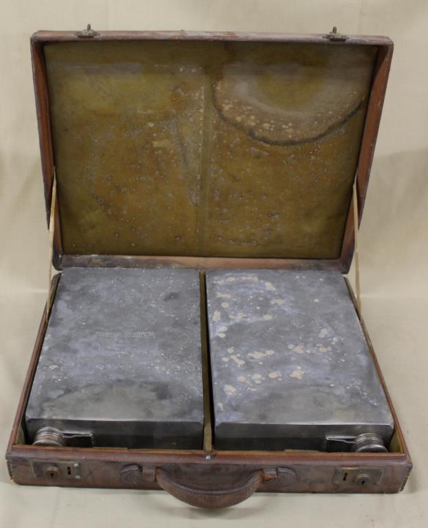 leather case with 2 rectangular containers: leather case with 2 rectangular containers engraved Warren Ripple, containers- 12"x8"x2.5", Case- 18"x14"