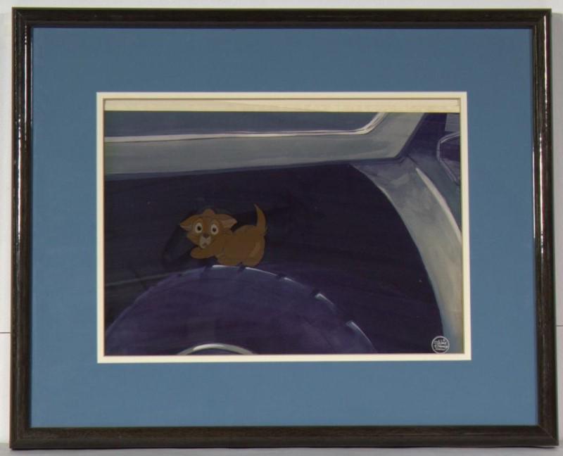framed original cell used in the Disney production: framed original cell used in the Disney production of the 1988 feature "Oliver & Company", 17.5"x21.5". ALL ARTWORK MUST BE SHIPPED UPS OR PICKED UP ONSITE!