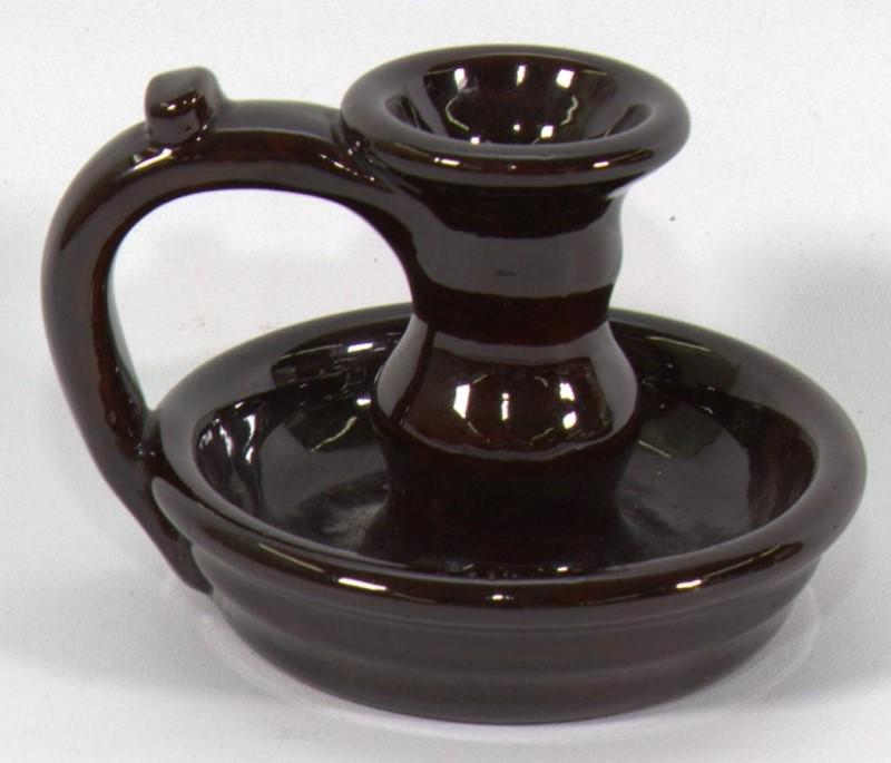 Seagreves Pottery glazed redware finger loop: Seagreves Pottery glazed redware finger loop candle holder, signed JCS, 4" high
