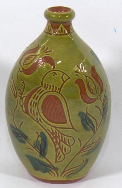Breininger Pottery glazed redware sgraffito: Breininger Pottery glazed redware sgraffito bottle with tulip and distlefink decoration, signed "Breininger Pottery Robesonia April 1994...", 7.75" high