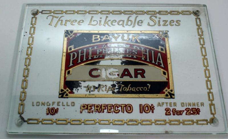 Philadelphia Cigar advertisement on glass, 8" x: Philadelphia Cigar advertisement on glass, 8" x 11", gilded on reverse side