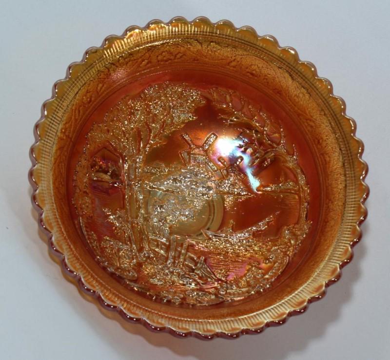 Marigold Carnival 3 ftd bowl Windmill, 8.5" diam,: Marigold Carnival 3 ftd bowl Windmill, 8.5" diam, 3.25" high, tiny nick on inside of one foot