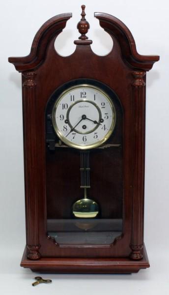 German Black Forest model wall clock with: German Black Forest model wall clock with Westminster Chimes, pendulum, key, 25" to top of finial