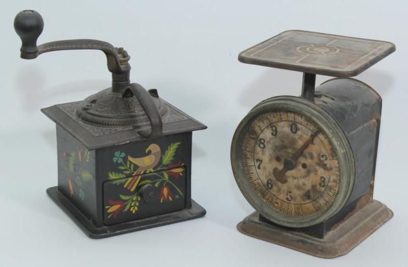 (2) pcs - antique box type coffee grinder w/cast: (2) pcs - antique box type coffee grinder w/cast iron top, paint decorated on 3 sides & Landers Fray & Clark 10 lb. scale, 50% paint loss, face stained