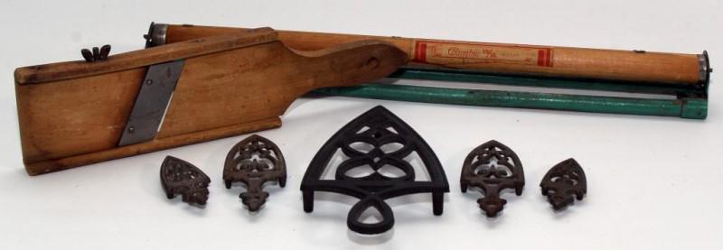 (7) pcs - Columbia 15/16 "Roller" w/mounting: (7) pcs - Columbia 15/16 "Roller" w/mounting bracket; T & D Mfg Co. slicer; & 5 trivets