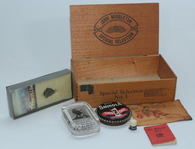 (7) pcs - wdn cigar box "John Middleton Special: (7) pcs - wdn cigar box "John Middleton Special Selection"; glass paperweight "Charles H. Lloyd Merchant Tailor Pittsburg Pa"; leather postcard from Williamsport Pa; plastic "TastyKake" thimble; Shino