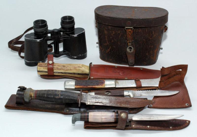 (5) pcs - pair of Carl Zeiss binoculars in case; 3: (5) pcs - pair of Carl Zeiss binoculars in case; 3 sheath knives & 1 hatchet/knife combination