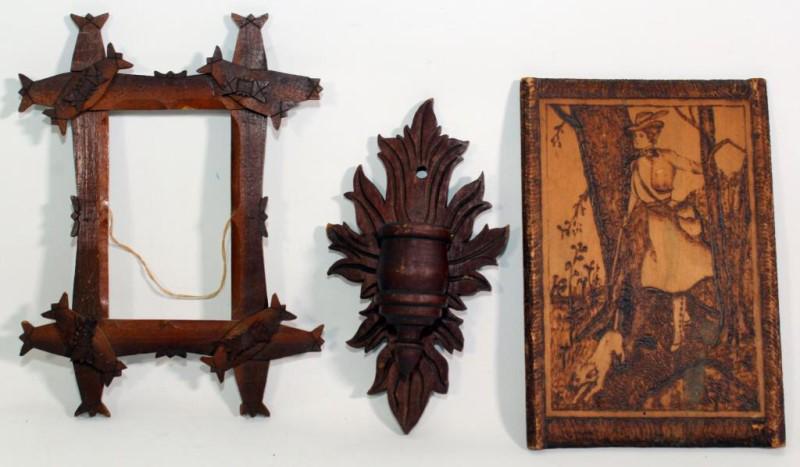 (3) pcs - tramp art picture frame overall size: (3) pcs - tramp art picture frame overall size 10.5" x 8", opening 6" x 3.5"; wall match holder 9"; & pyrography plaque with lady & dog 10" x 6.5"
