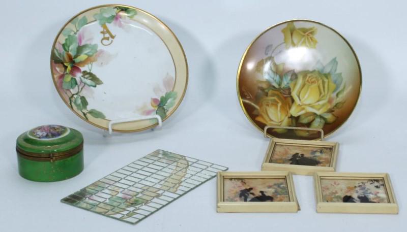 Nippon plate monogrammed "A"; Bavaria plate signed: Nippon plate monogrammed "A"; Bavaria plate signed "E. Miller"; sheet of mirrored tiles; Green dresser box made in Japan; (3) 4" x 4" silhouette frames