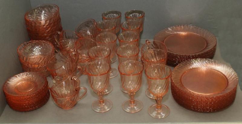 Arcorac France set of pink dinnerware including: Arcorac France set of pink dinnerware including 10 - 9" plates, 12 - 8" plates, 8 large bowls, 5 small bowls, 12 saucers, 12 cups, 12 goblets