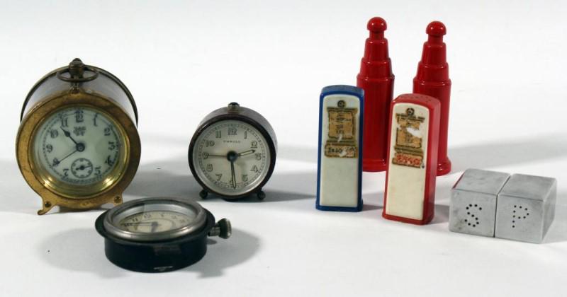 3 sets salt & pepper shakers, including "Esso";: 3 sets salt & pepper shakers, including "Esso"; ftd "Thrill" alarm clock; Waterbury Clock co. ftd clock 3" & other