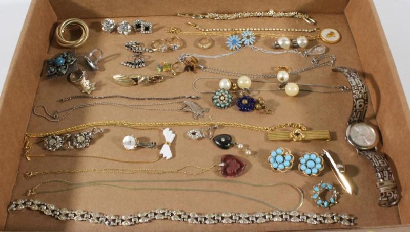 Jewelry - chains (see photo - front to back) -: Jewelry - chains (see photo - front to back) - items marked - necklace "Coro"; chain "925 Italy"; purple heart, chain marked SN in diamond; "Monet" w/white bow; "Trifari" gold tone chain; chain w/eagl