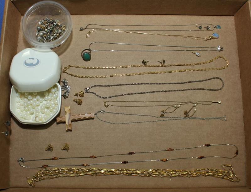 Jewelry - assorted - marked as listed -: Jewelry - assorted - marked as listed - "14K" on "14Kt Italy" chain w/stone; "Trifari" chain; "925 Italy" chain'; "Artistry" chain w/pendant; "Sterling" chain w/"Ster" heart; "925" chain w/ "Ster" hea