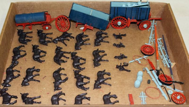 Plasticville: Station, Barn & Control Tower: Plasticville: Station, Barn & Control Tower Flat Car, HO Passenger Car;Grass, Coal & Earth for layout;Flat of plastic wagons w/20 horsesmetal PRR Girder Bridge