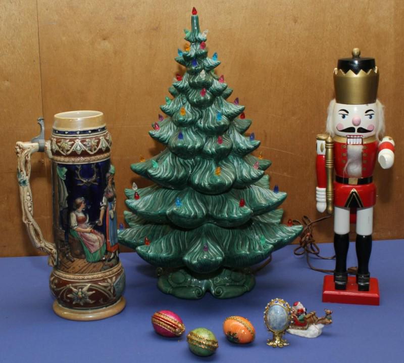 Christmas items - nutcracker, ceramic tree, lg: Christmas items - nutcracker, ceramic tree, lg stein marked "Germany" lid broken off; & 4 eggs