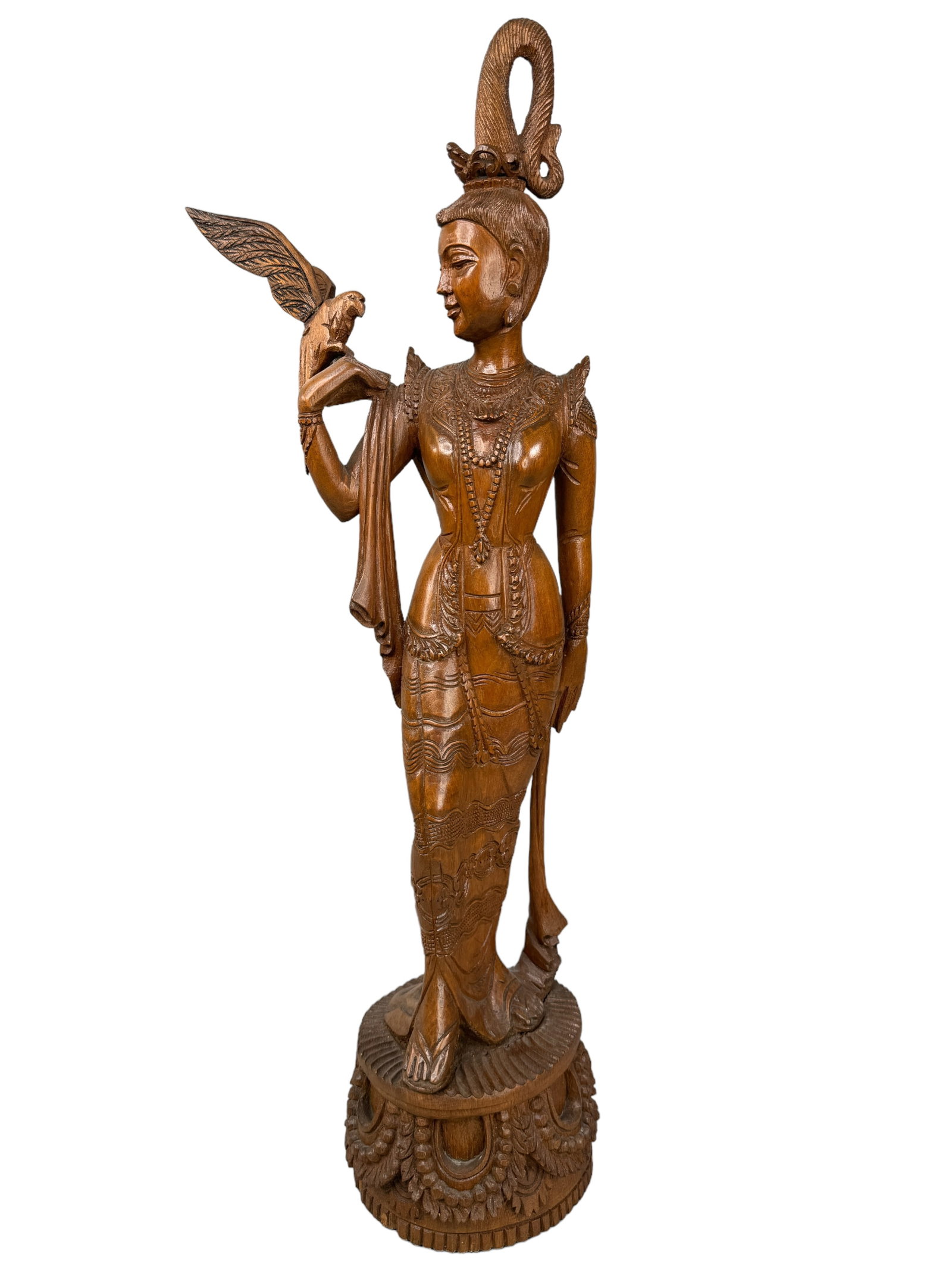 Carved Wood Burmese Goddess W/ Parrot Statue: Beautifully hand carved wood Burmese import statue of a woman with a parrot. Stands 25.5" tall. Parrots wings can be removed. Marked on the bottom Myanmar 2003. *** This item requires IN PERSON PICK U