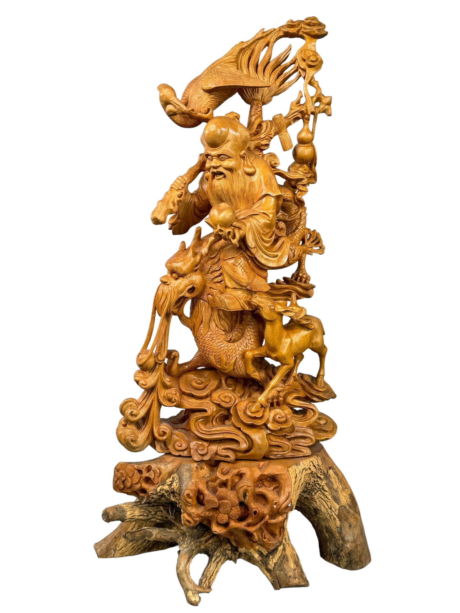 Hand Carved Vntg Boxwood Statue God Of Longevity: Expertly hand carved boxwood statue depicting the god of longevity Shoulao with taxi dragon, deer, bird watcher and his infamous peach. Bottom root carving integrates florals and the rough root wood e
