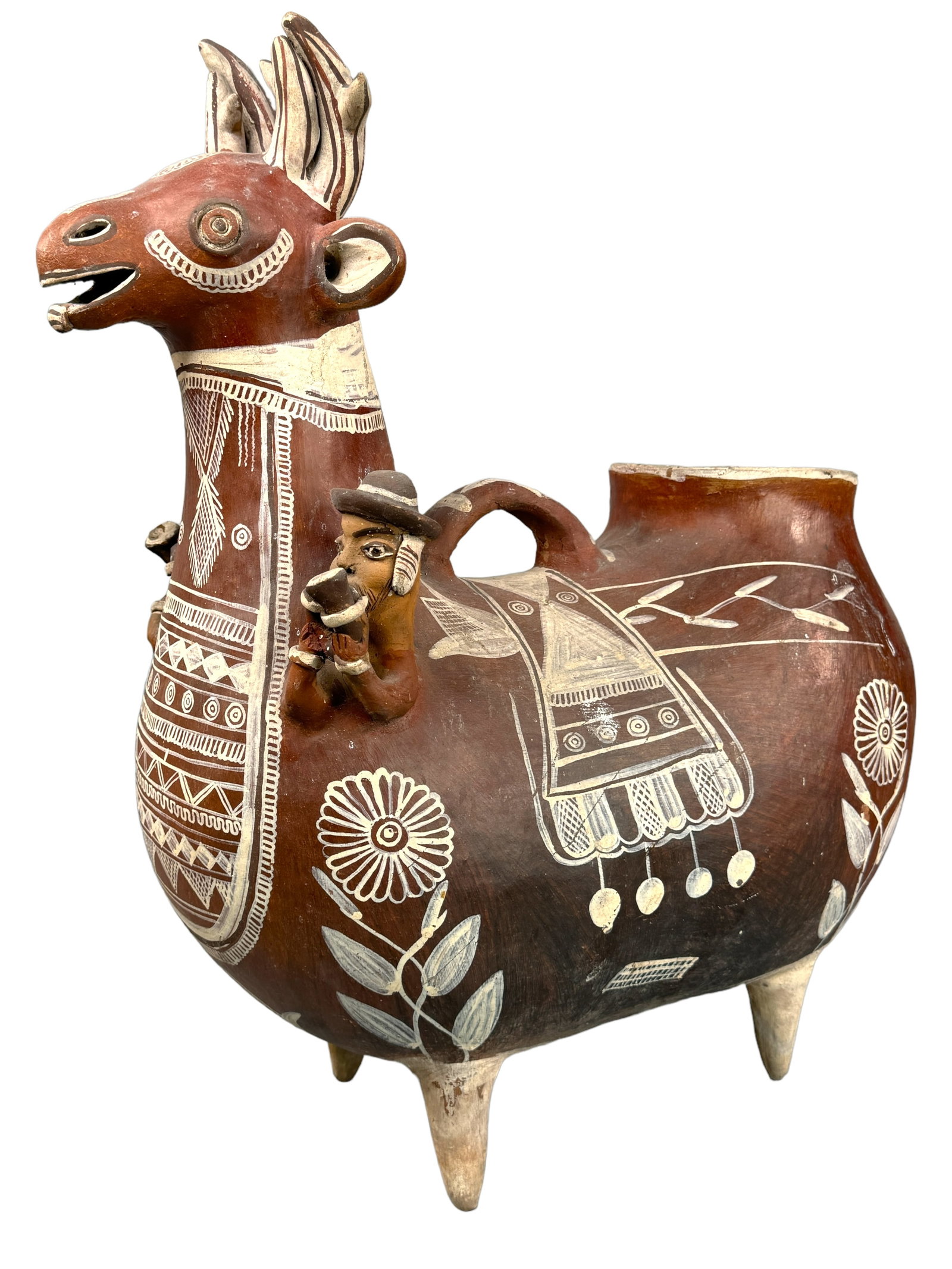 LRG Peruvian Folk Art Clay Water Jug Llama: Hand made & painted red clay pot belly Peruvian Llama large water jug / planter. Old Quinua style pottery from the Huamanga region of Peru. Measures 21.5 x 19 x 10 inches. Has light paint wear and sma