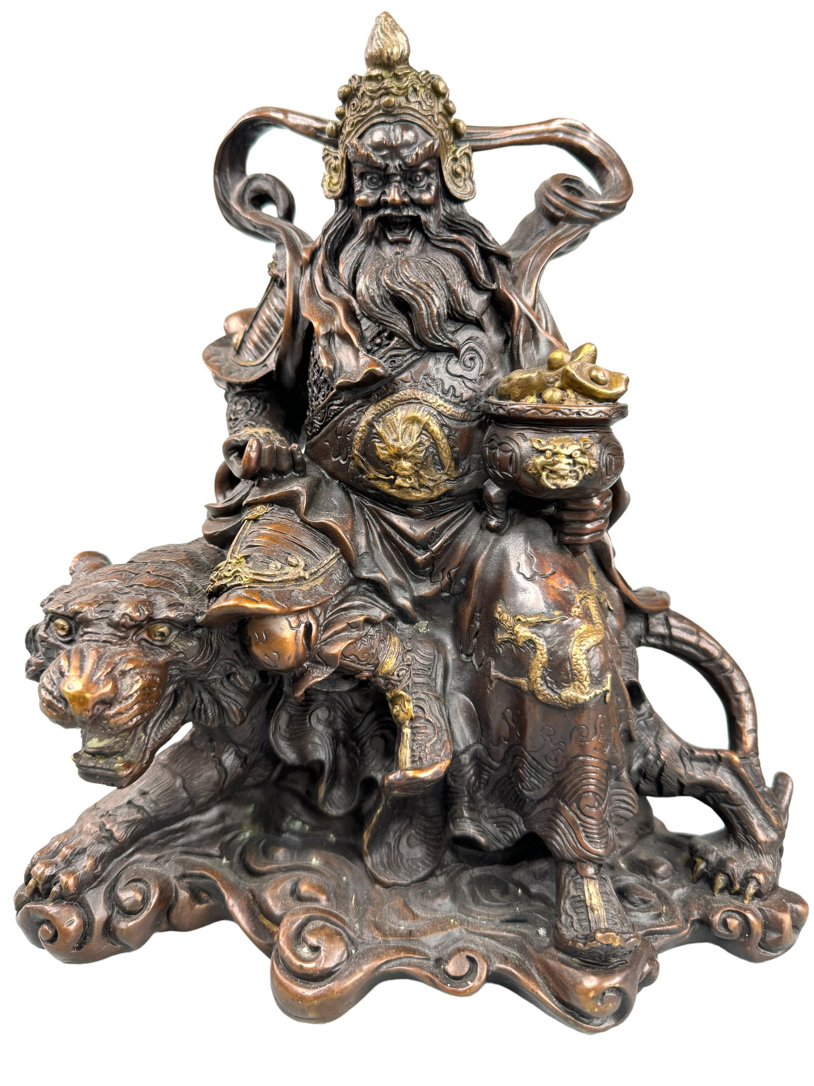 Bronze/Brass Zhao Gong Ming Tiger Figure: Heavy vintage bronze and brass god of wealth figure, Zhao Gong with Ming tiger. Unmarked. Heavy. Stands 9.5 inches tall.