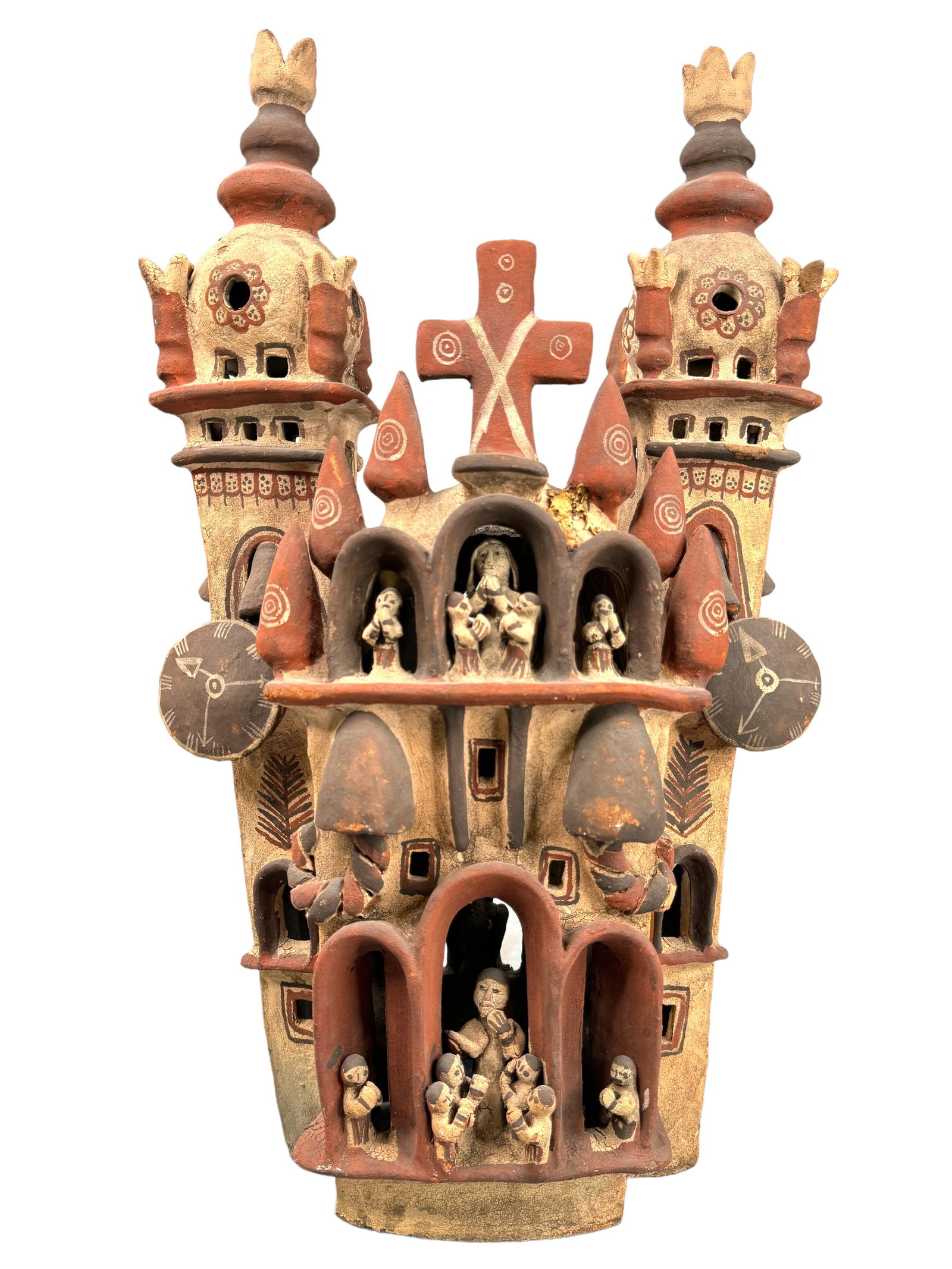 Vntg Peruvian Clay Folk Art Ayacucho Church: Vintage Peruvian clay/terra cotta folk art Ayacucho church with double clocks, center cross, and praying people depicted. Hand painted and executed. Stands 20 inches tall. Has appealing crazing in the