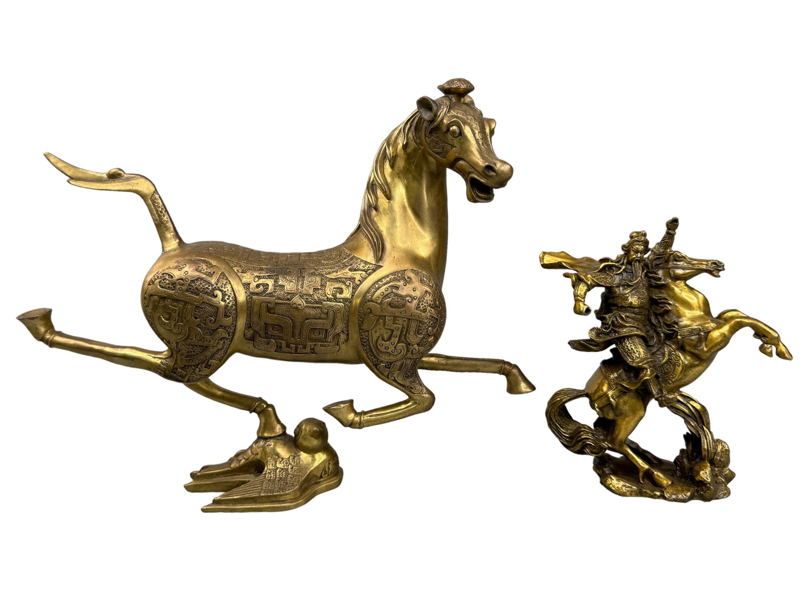Brass Guan Gong & Gansu Flying Horse Figures: Modern brass figure of Guan Gong from Kunming China is 5 inches tall. He is missing his spear, and the vintage Gansu or flying horse fengshui figure is approximately 8.5 x 11 inches.