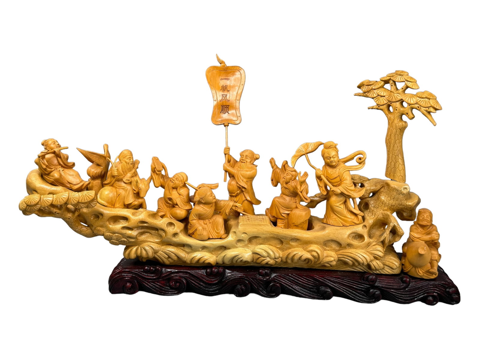 Boxwood Like 8 Gods Carving: Gorgeous Carved boxwood like piece depicting the 8 gods on a lacquered wood stand. Measures 14 x 23 x 4 inches. *** This item requires IN PERSON PICK UP or personal arrangements with your own packing 