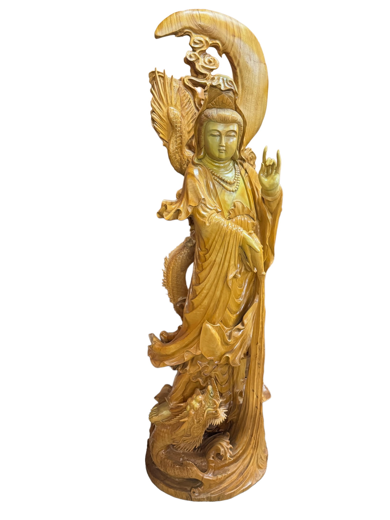 EXQUISITE 5' 9" Carved Wood Guan Yin: EXQUISITE hand carved wood statue. Appears to be a sandalwood. Very large 5 feet 9 inches tall Guan Yin figure with moon and dragon. No major damages seen. Superior workmanship. Measures 5'9" tall by 