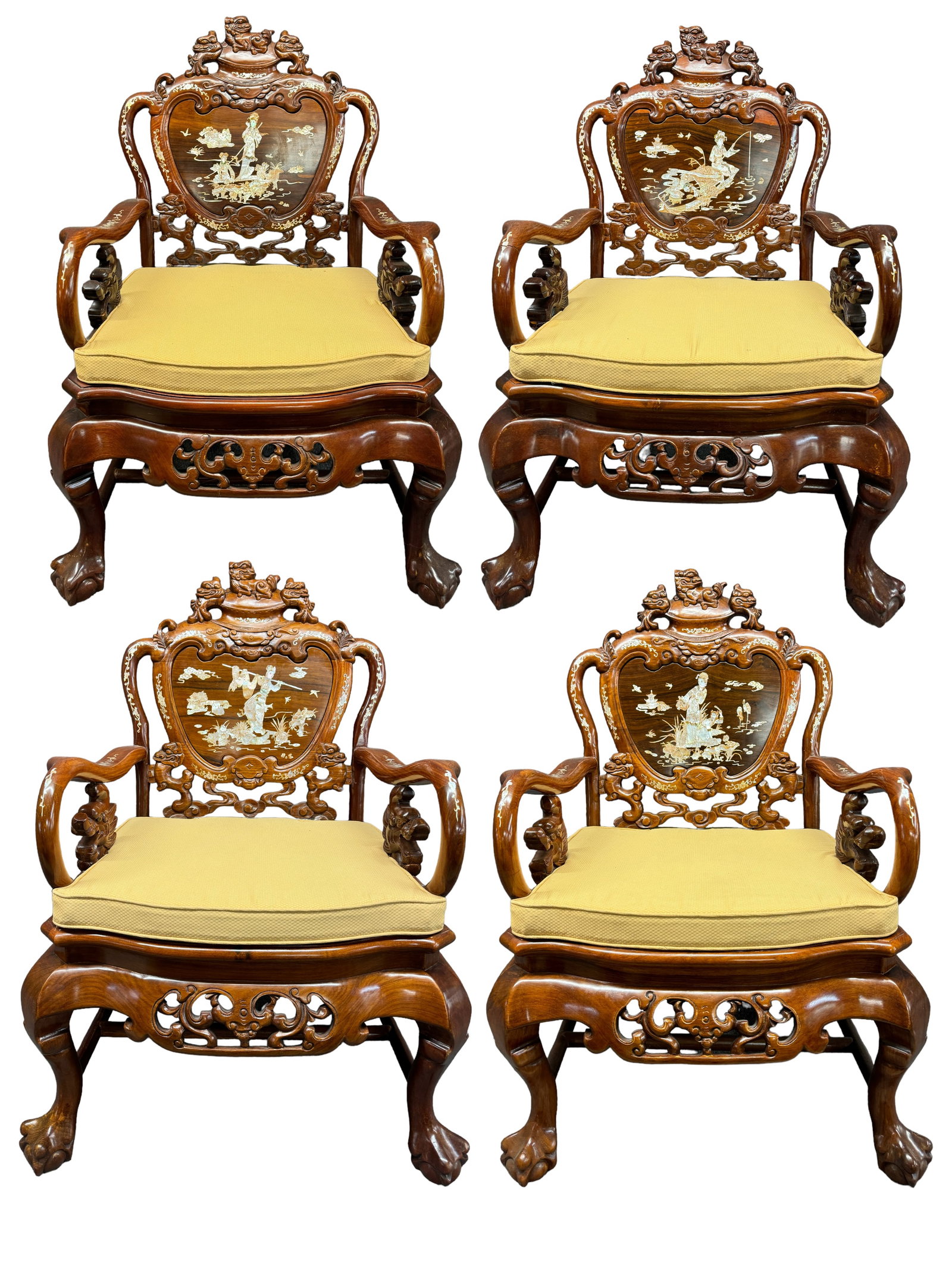 4 EXQUISITE Carved MOP Inlay Mahogany Asian Chairs: 4 Stunning custom carved huanghuali mahogany Asian chairs featuring carved foo dog figural tops, lions feet, carved dragon head side detail, a solid bottom with beige fitted cushions and exquisite mot