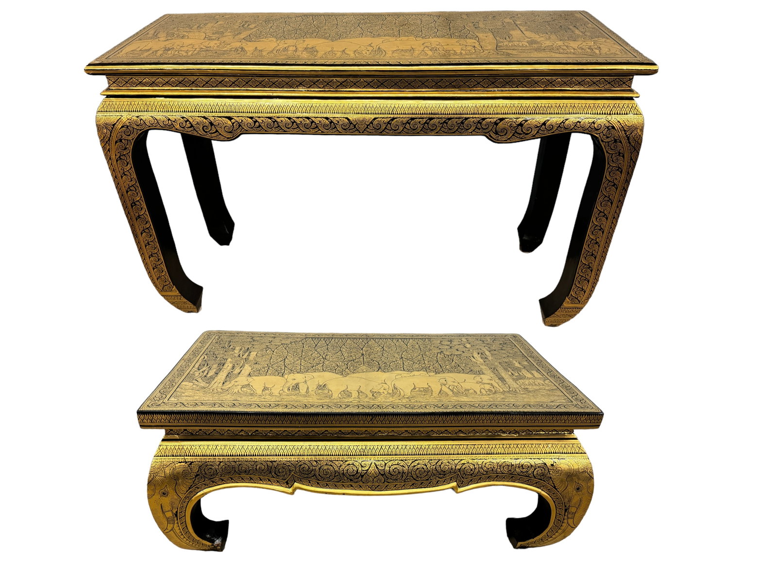 Lacquered & Gilt Wood Elephant Hall & Coffee Table: Beautiful Indonesian/Asian style lacquered wood tables with gilt elephants and scroll work. Hall style table measures 32 x 48 x 18 inches. Has minor lacquer separation on the top panel as shown that d