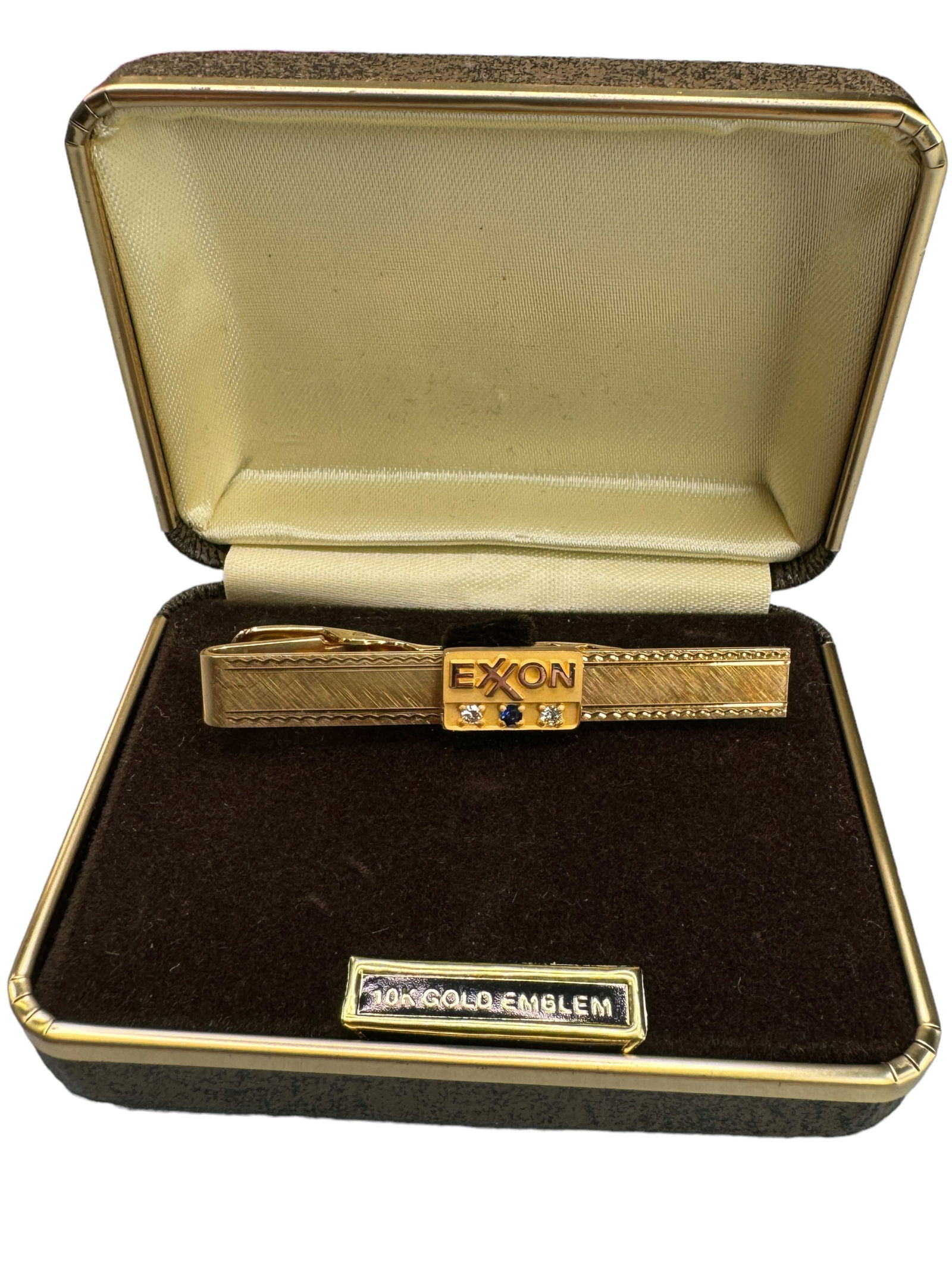 Vintage Diamond, 10k EXXON employee Tie Bar: Exclusive EXXON employee year appreciation tie bar, possibly for milestones like 15, 20, 30 years. A 12k Gold filled tie clip bar with a 10k EXXON emblem plate holding 2 prong set 2mm round cut diamon