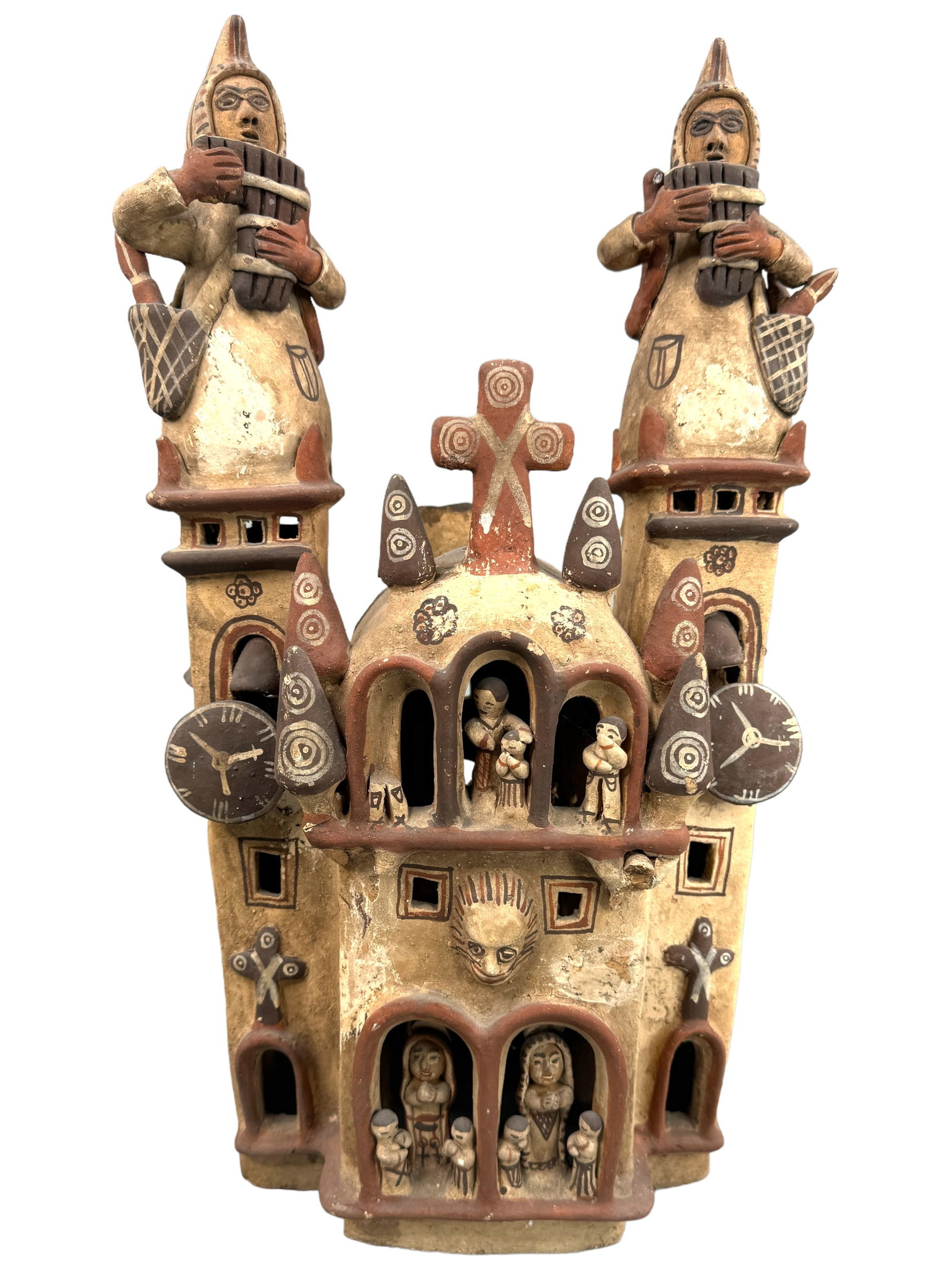 Large Peruvian Folk Art Clay Church: Vintage Peruvian folk art clay/pottery church with two clocks, a cross and windpipe players. Hand painted and sculpted. Measures 20 inches tall and 9 x 11 inches. Has appealing aged paint wear. *** Th