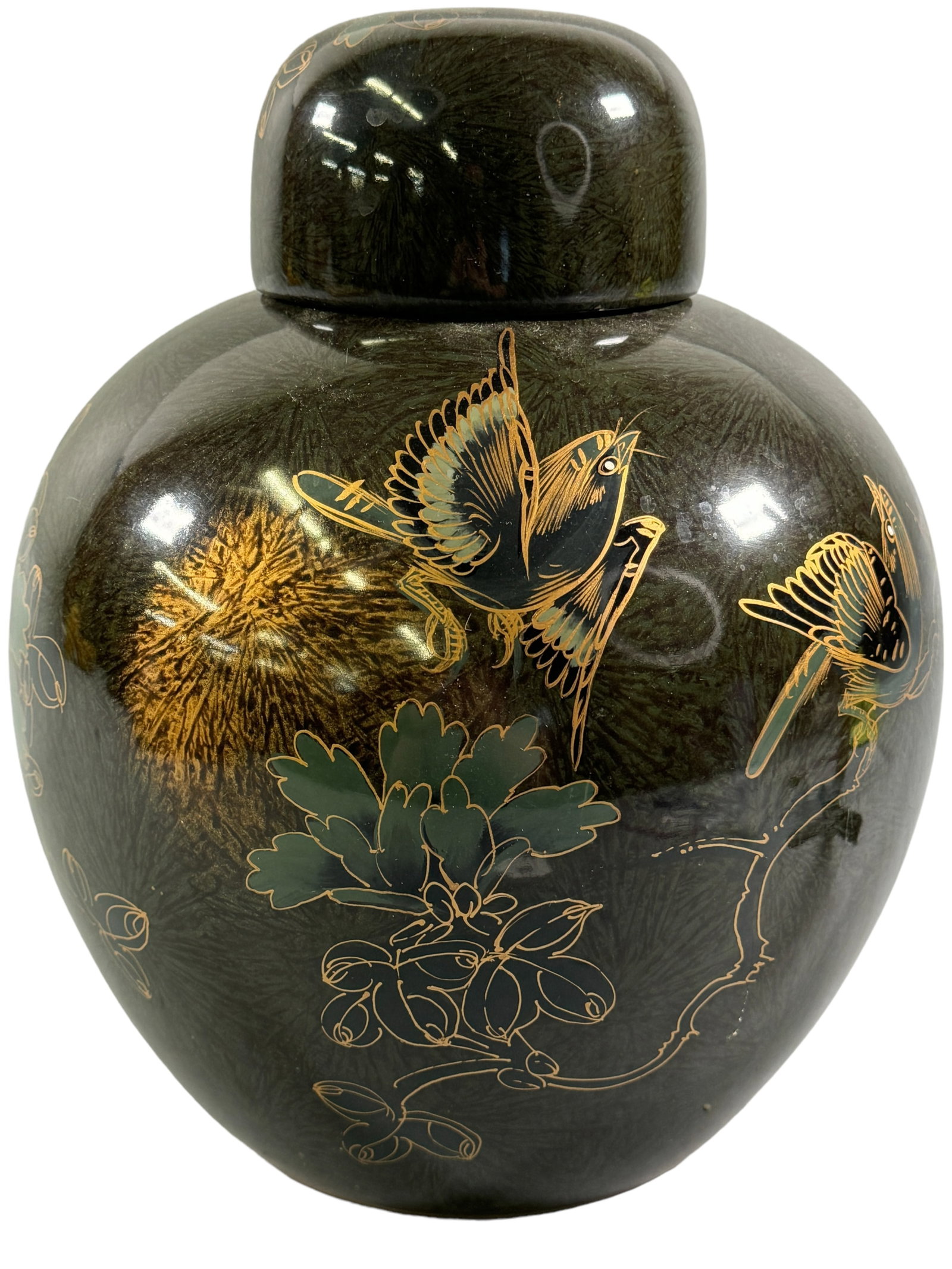 Vintage Hand Painted Ginger Pot: Large hand painted and gilt accented Chinese ginger pot depicting birds against a dark grey burst style glaze. Marked on the bottom as shown. Stands 13 inches tall.