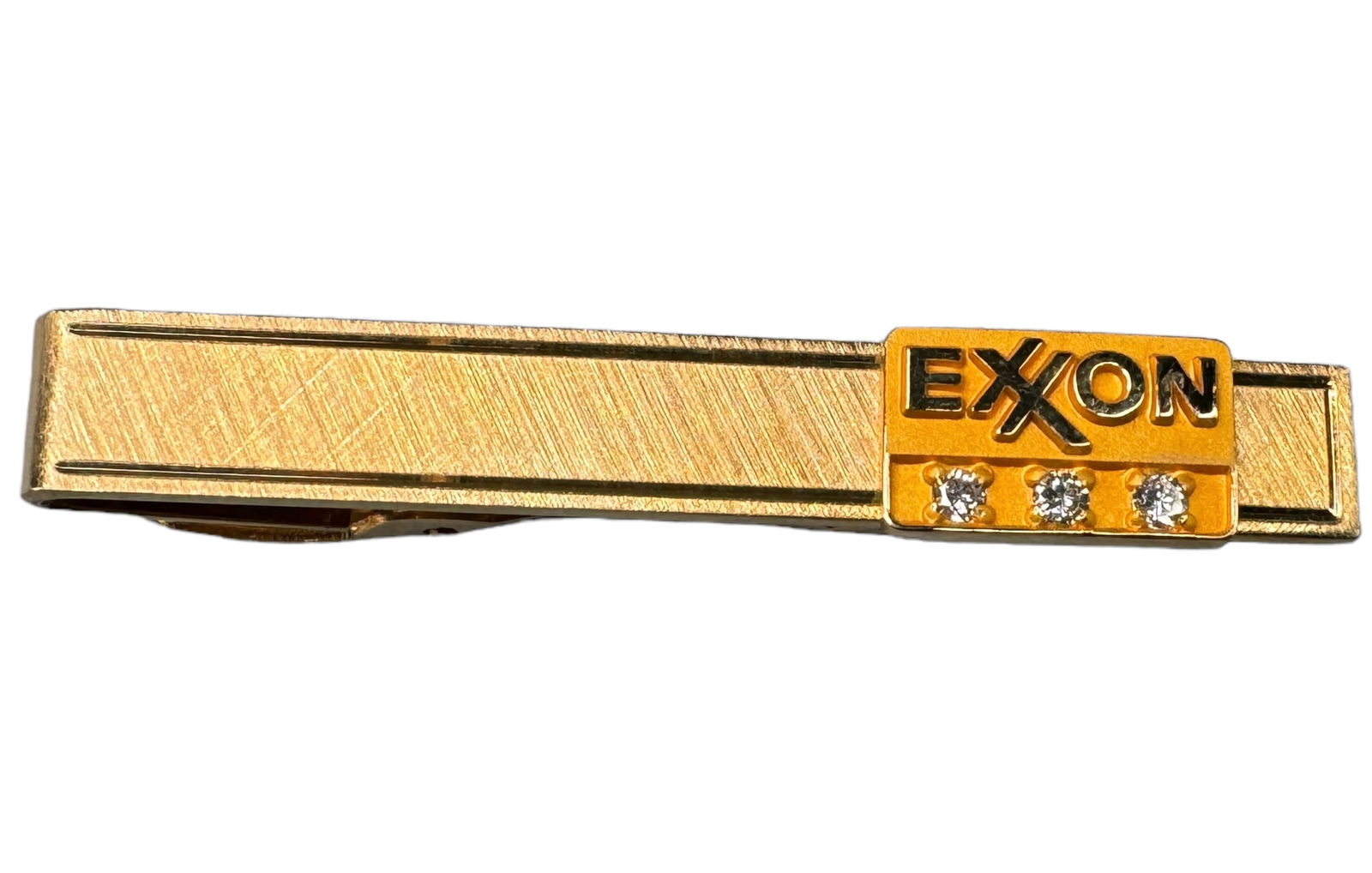 Vintage Diamond, 10k EXXON Employee Tie Bar: Exclusive EXXON employee year appreciation tie bar, possibly for milestones like 15, 20, 30 years. A 12k Gold filled tie clip bar with a 10k EXXON emblem plate holding 3 prong set 2mm round cut diamon