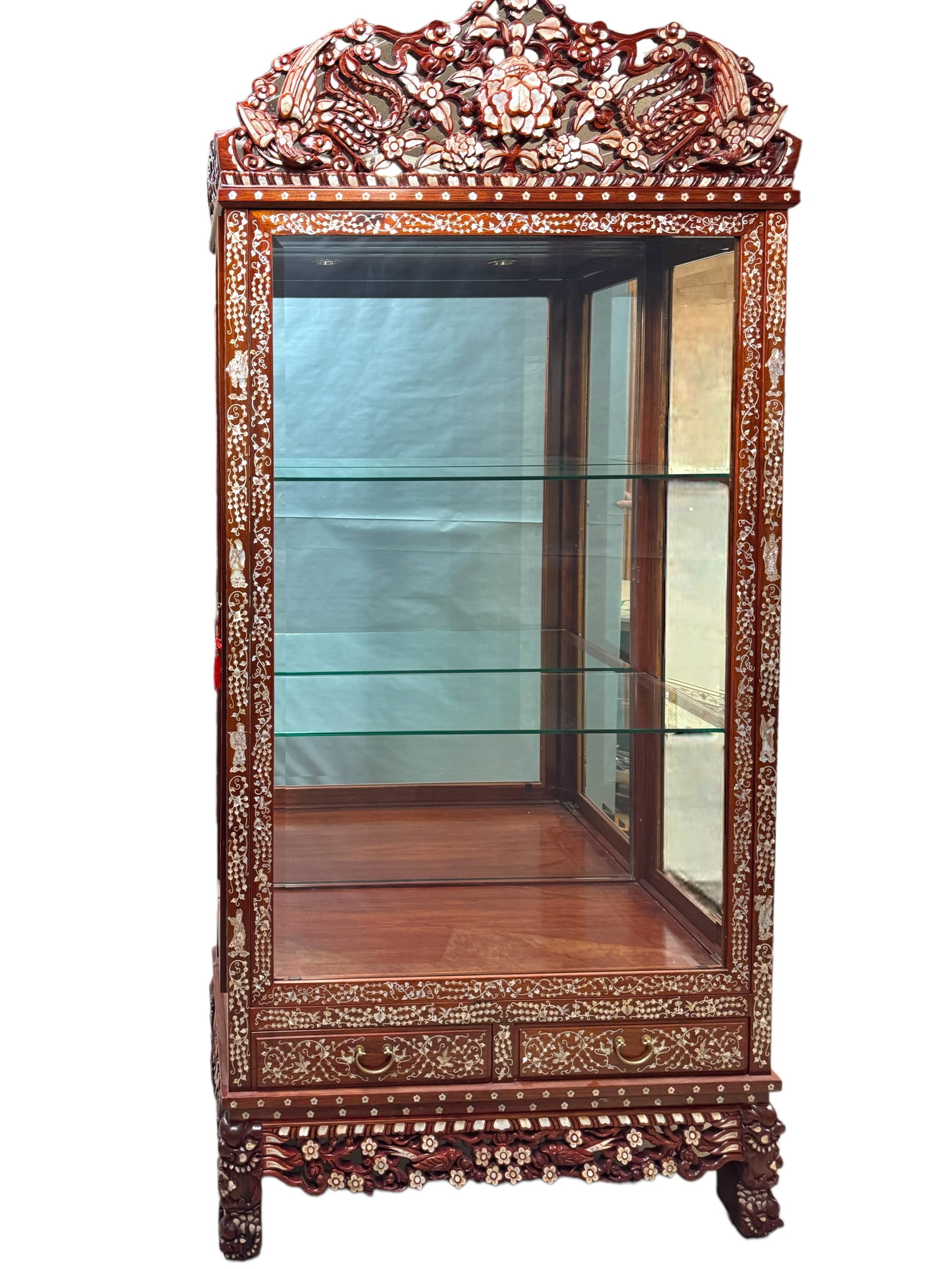 AMAZING Asian Mahogany MOP Inlay & Glass Cabinet: This is an absolutely STUNNING custom carved huanghuali mahogany Asian wood display/curio cabinet. It has impeccable details from the inlaid mother of pearl florals, warriors, immortals and birds to t