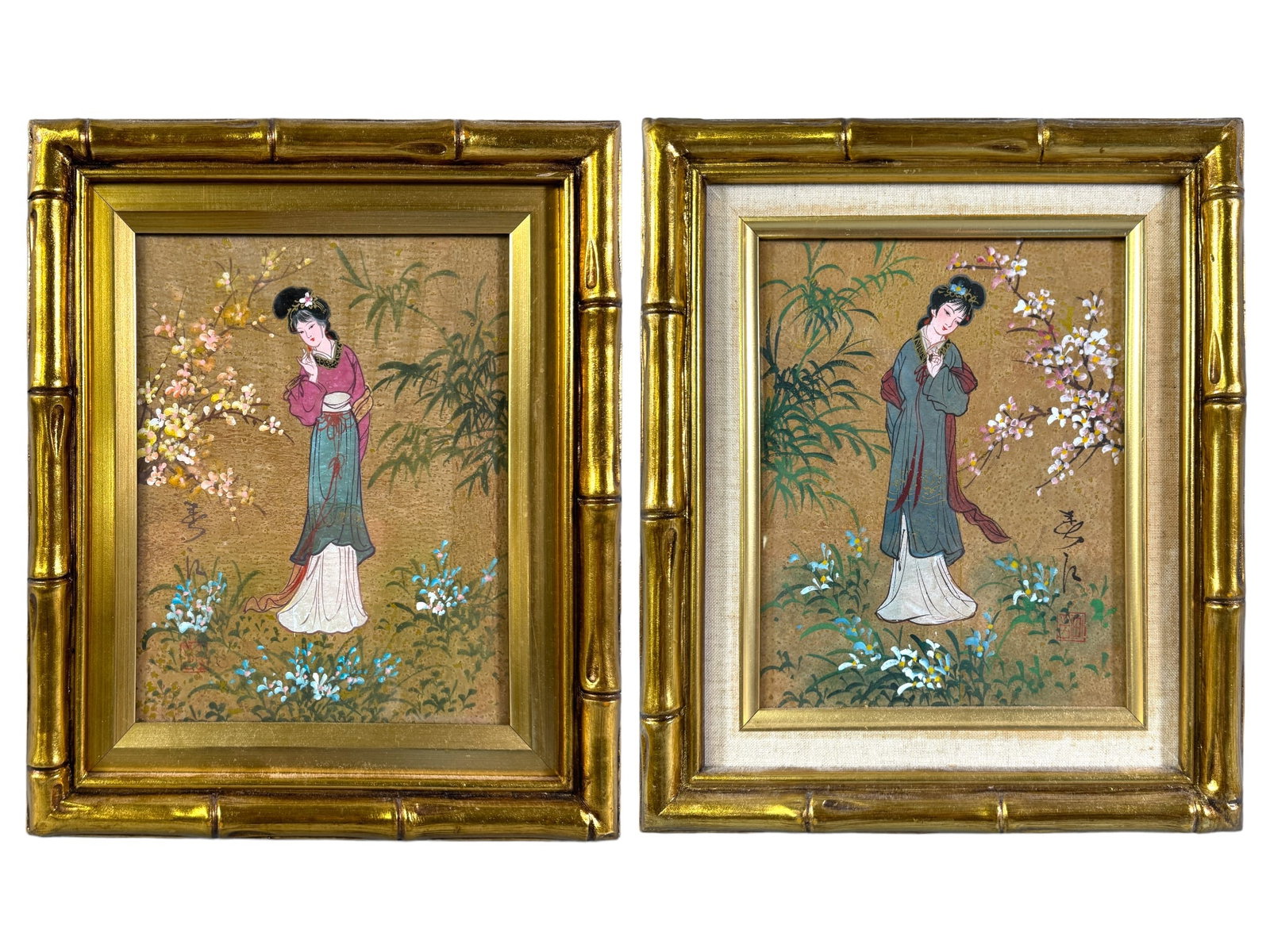 2 Signed Vintage Asian Gouache Watercolors: Original mid century Asian gouache paintings on rice or pith paper. Fine details, texture and gilt accents. Seal signed by artist, appears to resemble the seal of Mau Ling. Both depict a young Asian g