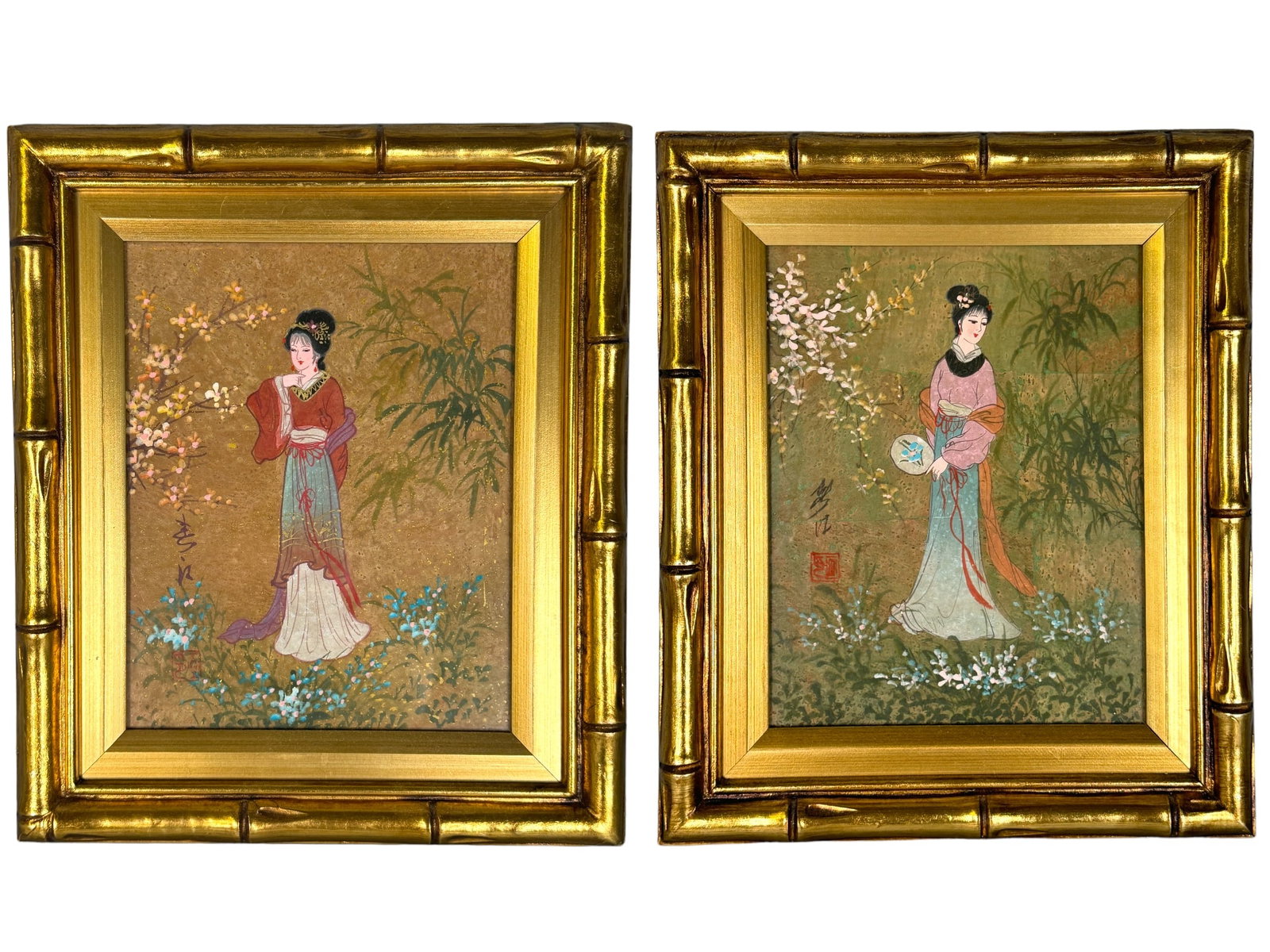 2 Signed Vintage Asian Gouache Framed Paintings: Original mid century Asian gouache paintings on rice or pith paper. Fine details, texture and gilt accents. Seal signed by artist, appears to resemble the seal of Mau Ling. Both depict a young Asian g