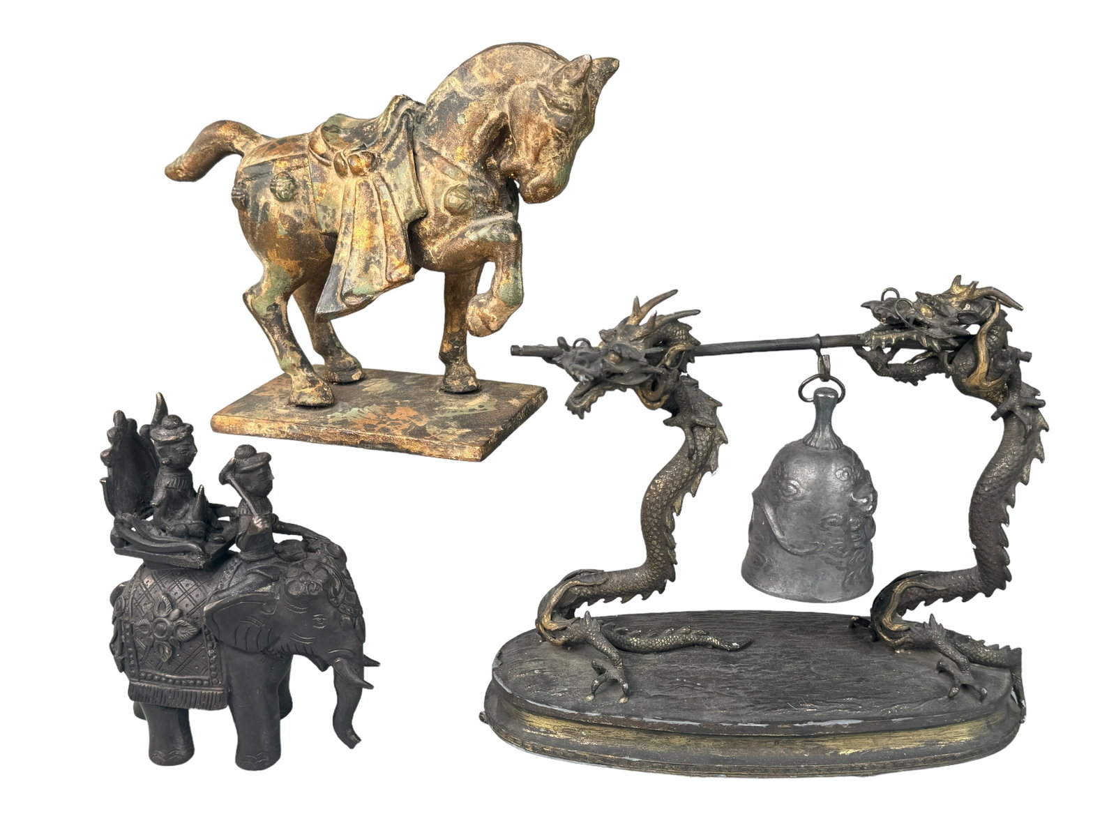 Vintage Asian Metal Collectibles: Beautifully patinated cast iron horse in the Tang Dynasty style stands 6.5 inches. Cast metal double dragon bell. Marked on the bottom. Measures 7 x 9 inches. Antique Myanmar bronze elephant vessel. B