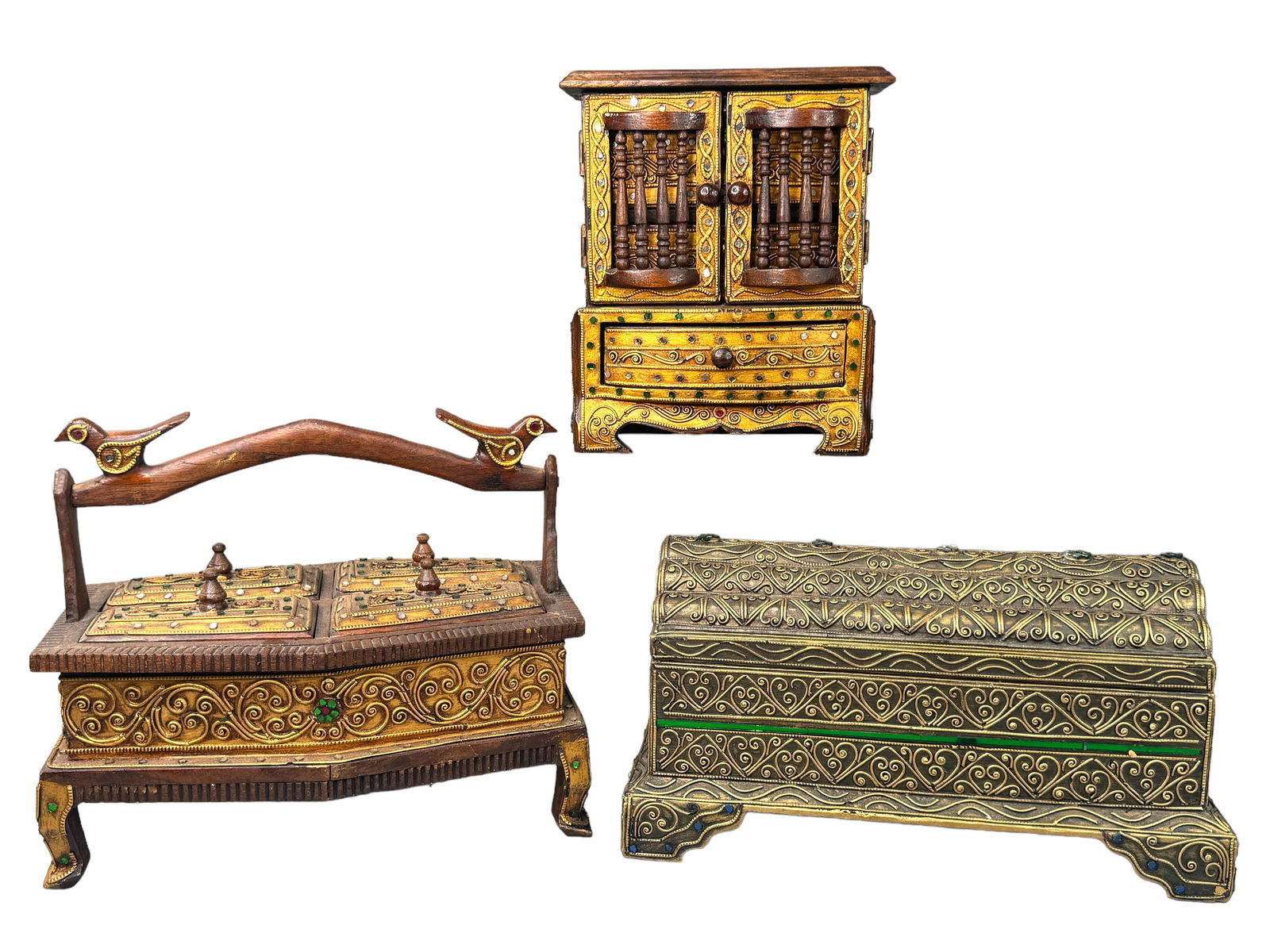 Traditional Thai Art Spice, Tea Boxes: Vintage traditional Thai region decorated wooden spice, herb and tea boxes. All three showcase the elaborate decorative traditions using gilt, applications of wood, clay or metal scroll and colored gl
