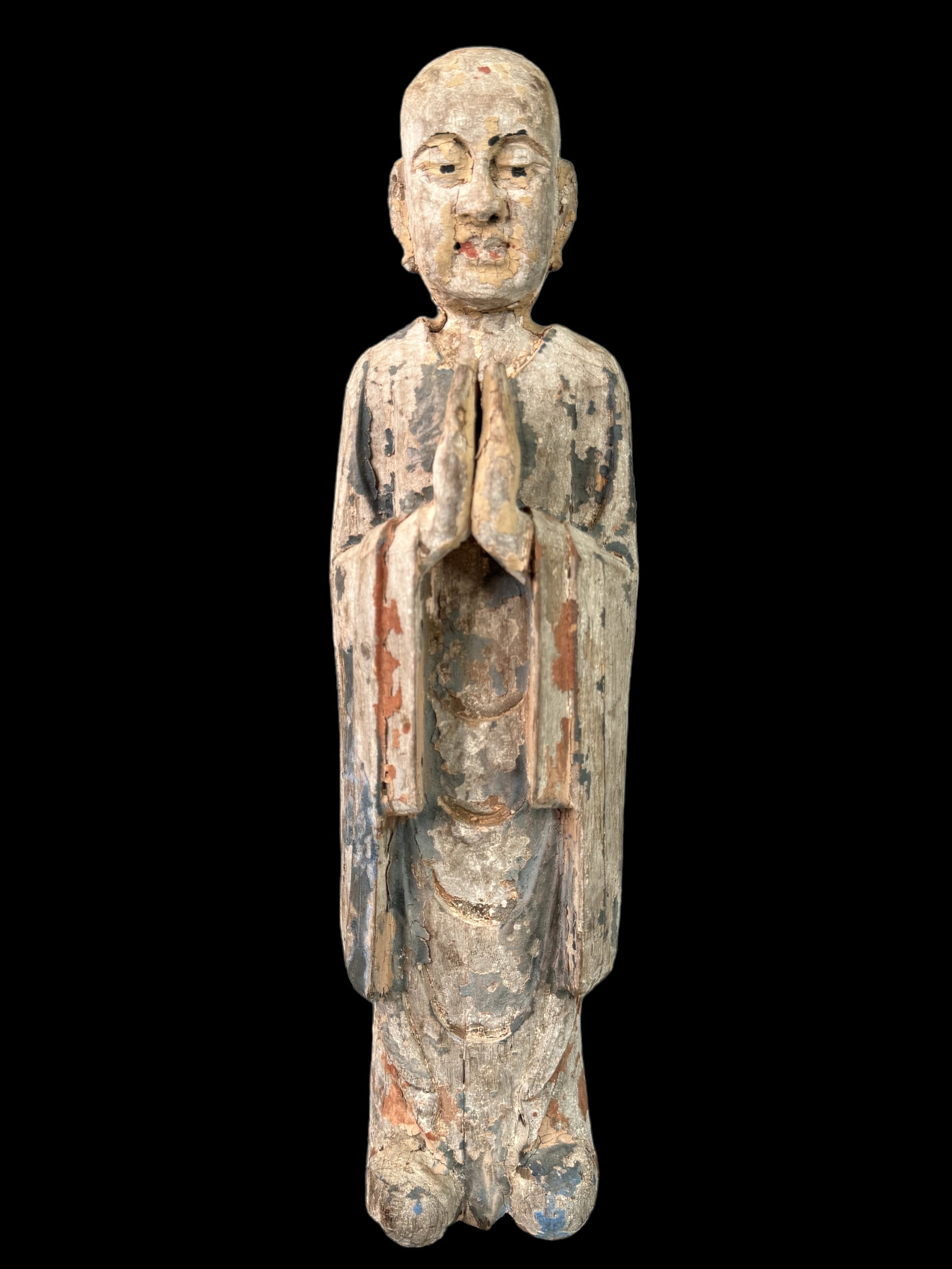 Primitive Patina Antique Carved Wood Monk: Beautiful hand carved and painted primitive patina monk or Buddha statue. Burmese style. Stands 15.5 inches tall.