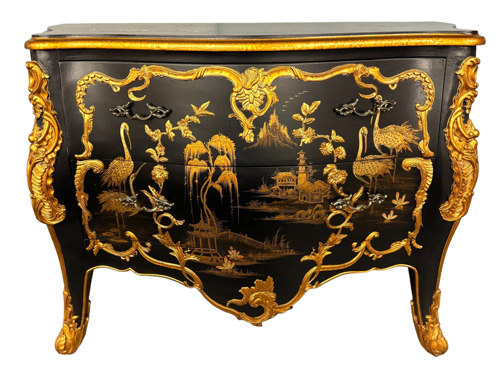 Lrg Gilded Louis XV Chinoiserie Style Dresser: EXQUISITE bow front French Chinoiseries style chest of drawers. Classic French elegant lines with contemporary to the time and exquisitely executed gilt ormolu, Asian scenery, animals and overall aest