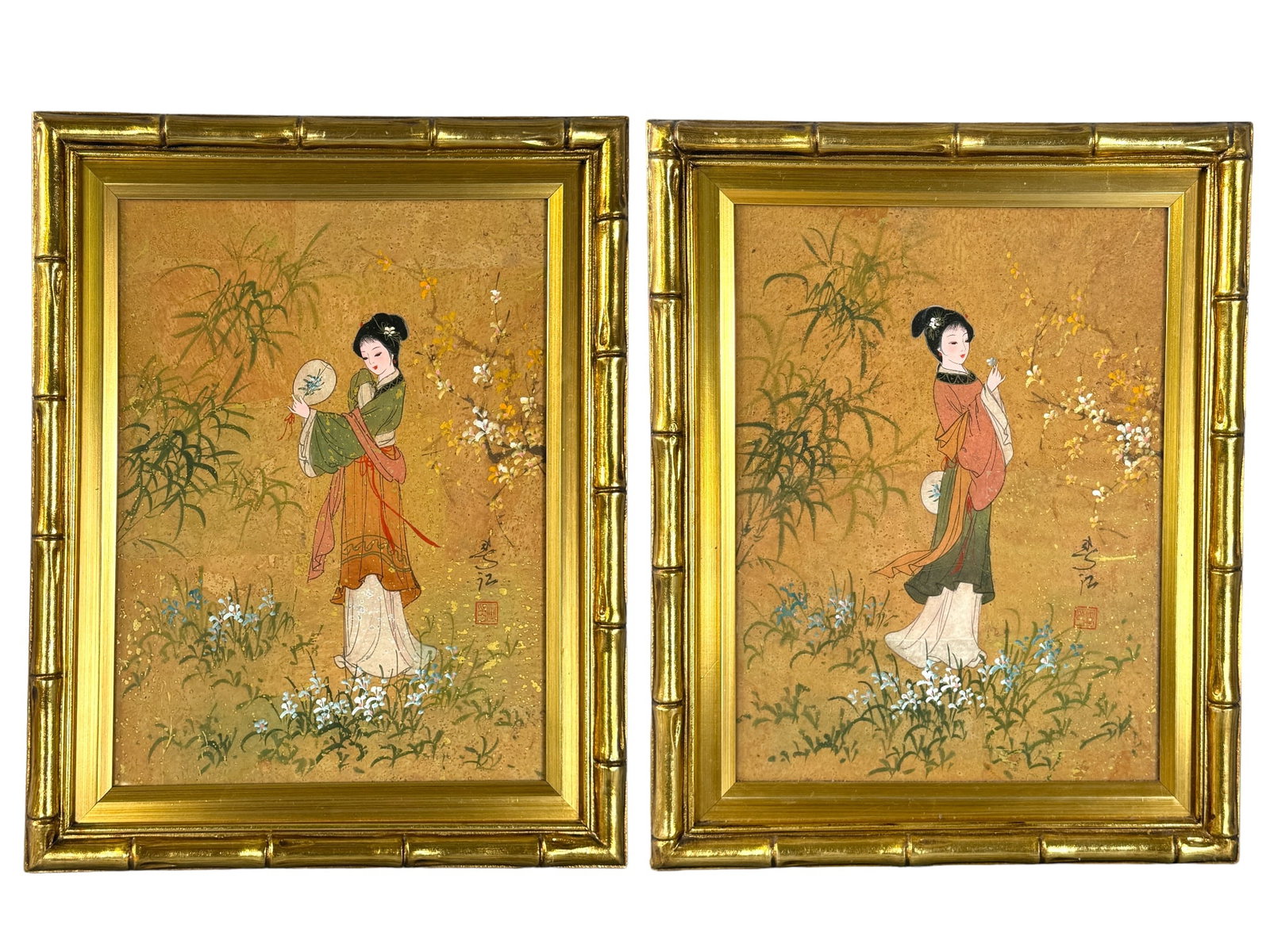 2 Signed Vintage Asian Gouache Paintings: Original mid century Asian gouache paintings on rice or pith paper. Fine details, texture and gilt accents. Seal signed by artist, appears to resemble the seal and style of Mau Ling. Each depicts a yo