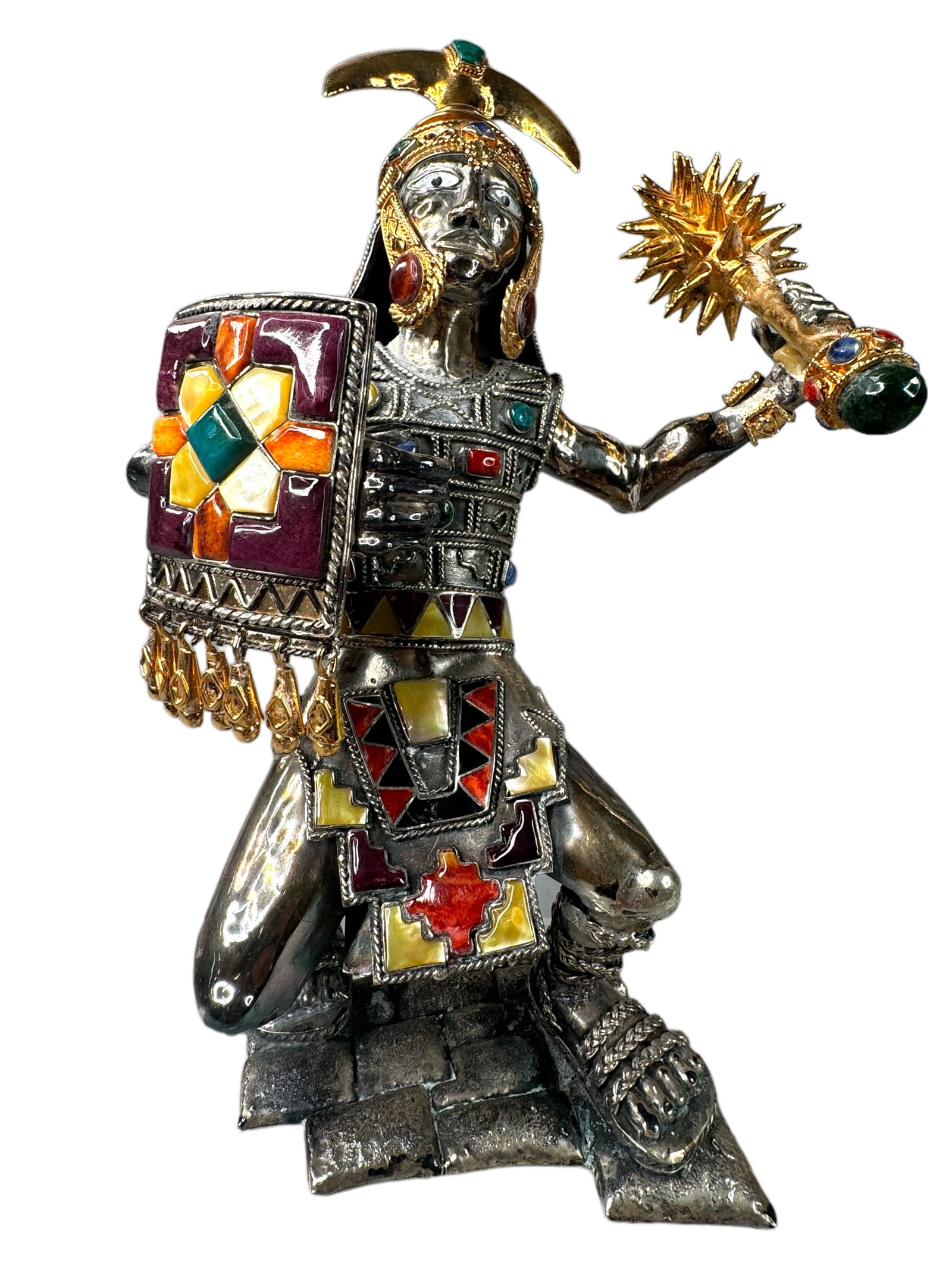 950 Peruvian Silver, Gold Incan Warrior Figure: An AMAZING find. This is a vintage Cusco Peruvian/ Incan Warrior figure made entirely out of marked 950 Peruvian Silver with genuine 24k gold vermeil and genuine inlaid stones including malachite, Bra