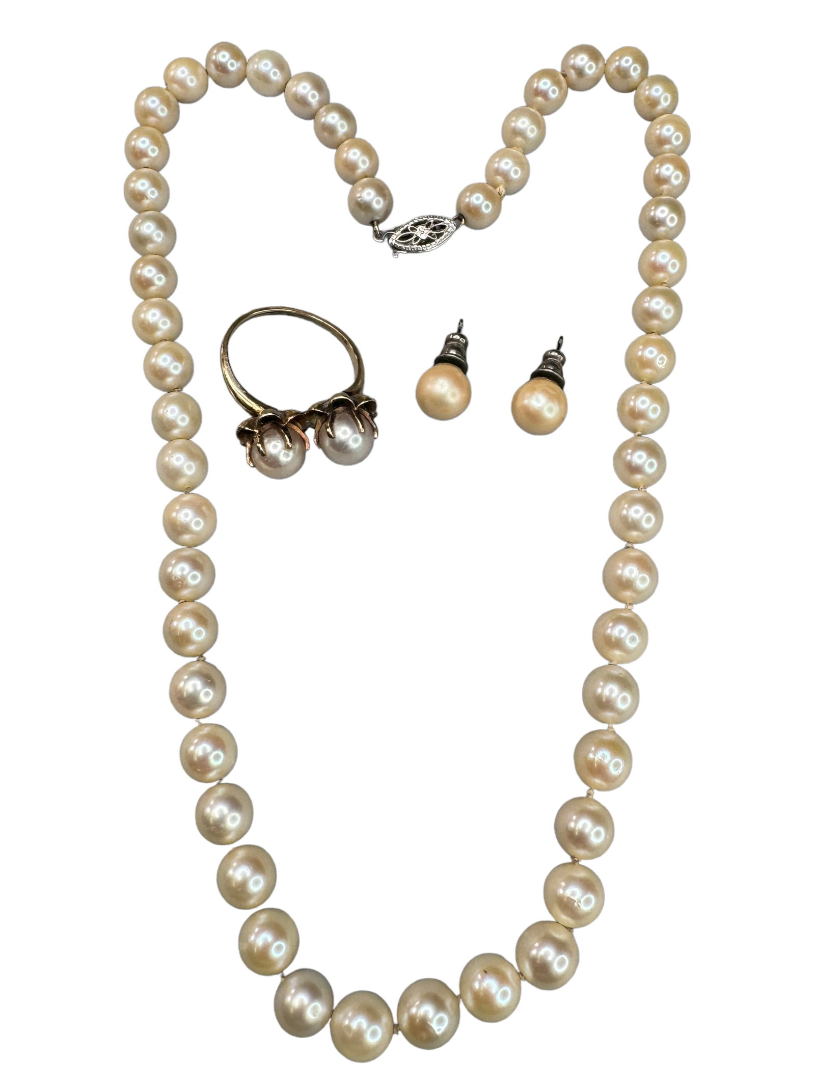 Vintage 10k Pearls, 14k Ring, Studs: vintage 14k and genuine pearl ring. Size 8. Weighs 3.36 DWT. Has light discoloration and misshapen band. 10k white gold box clasp on a 16 inch strand of 7mm genuine pearls. Included is a pair of faux 