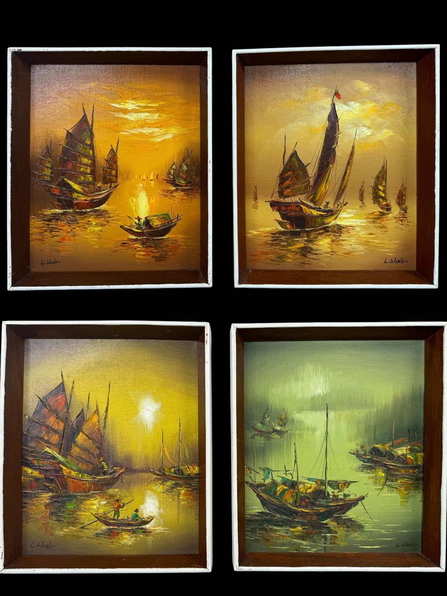 4 Vintage L. Wong Signed Oil On Canvas Paintings: 4 Bright oil on canvas paintings in simple wood frames by artist L. Wong. All 4 depict Asian style ships and boats in orange scale colors. Each measures 13 x 11 inches framed.