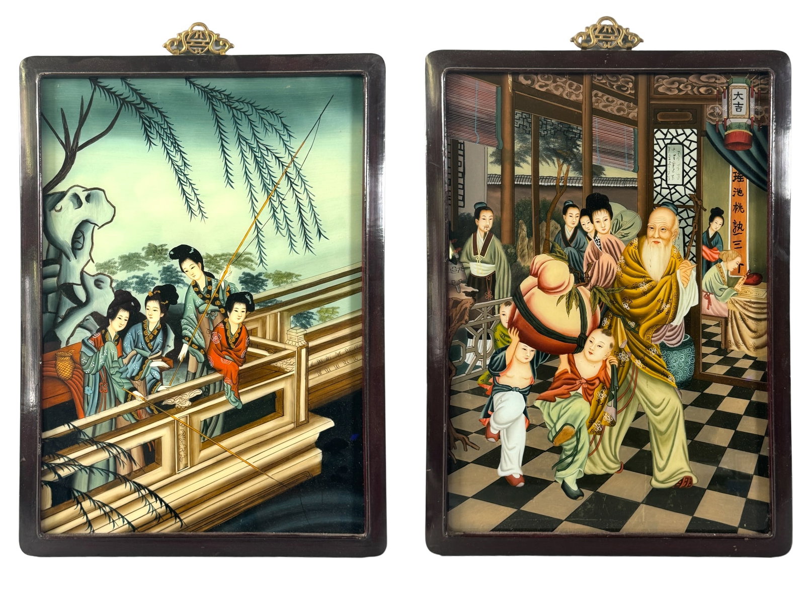 2 Lovely MC Asian Reverse Glass Paintings: 2 mid century import style reverse hand painted glass. One depicts a house scene with children and a giant peach and one is of maidens fishing. Both have fine detail and very minimal to no paint wear 