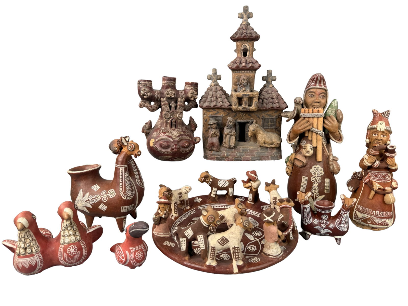 Collection Of Vintage Peruvian Folk Art Pieces: A collection of vintage Peruvian folk art clay pieces. All are hand crafted and painted. Some piece are signed. Double headed alpaca / llama drinking vessel signed J. Borda is 6.5 inches tall, Church
