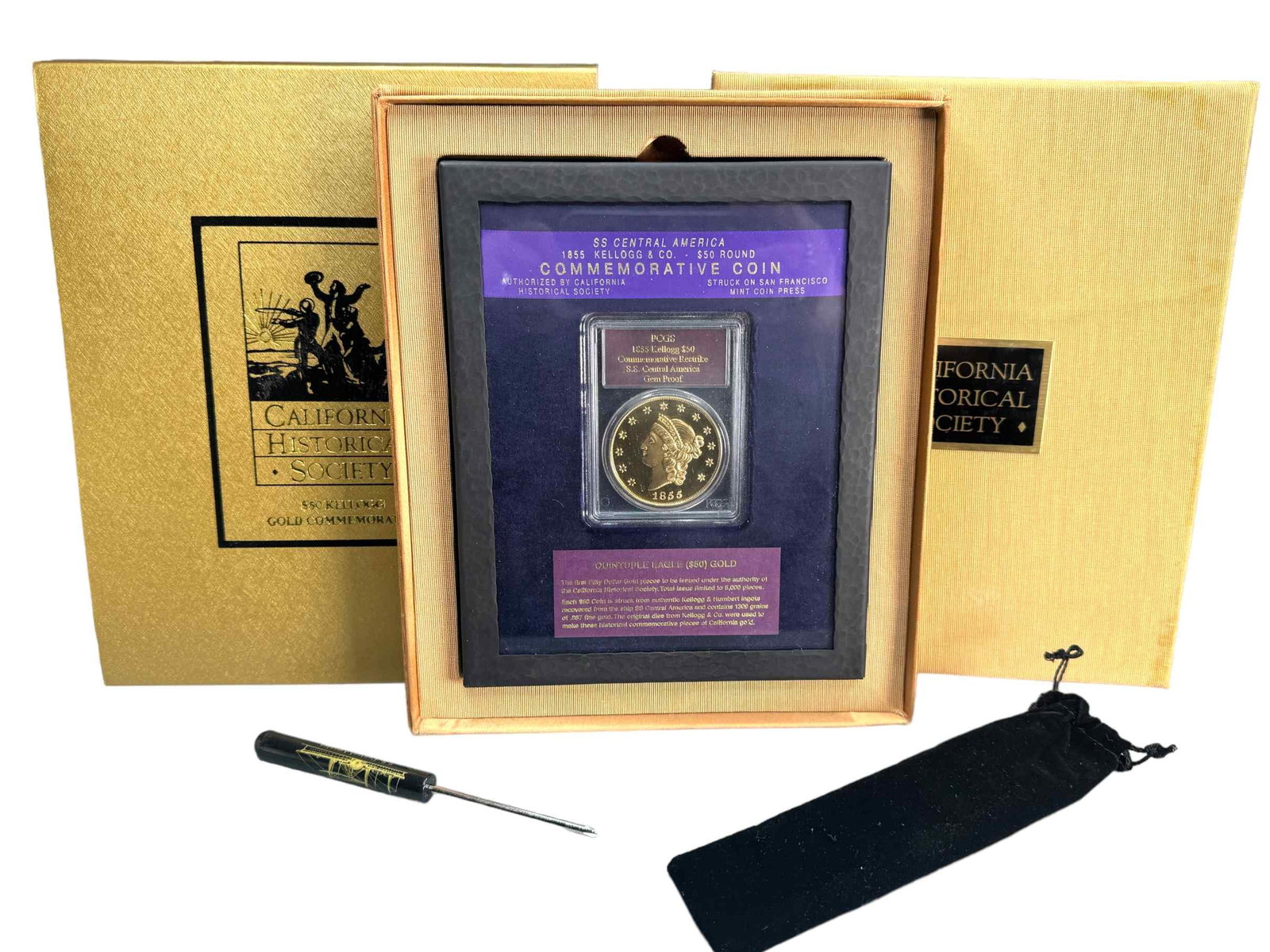1855 Kellogg $50. Gold Commemorative Restrike: S.S. Central America Gem Proof PCGS California Historical Society, 2.43 ounces Quintuple Eagle. Complete with box and screwdriver.