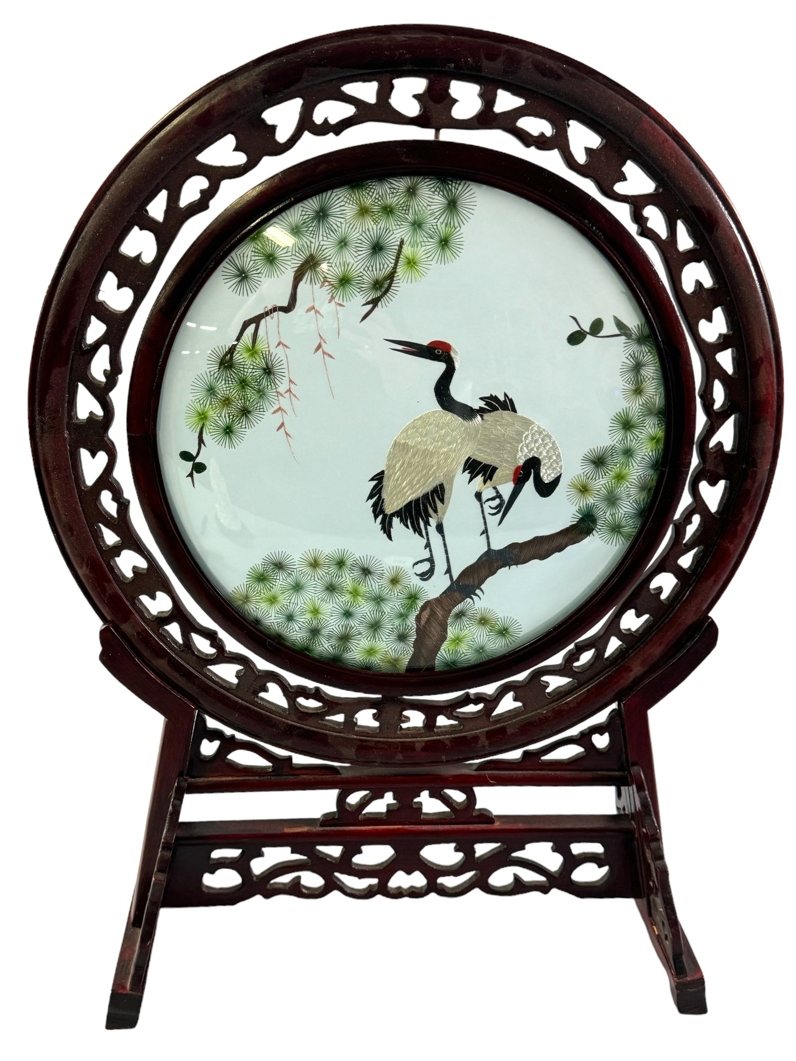 Vintage Dbl Sided Crane Silk Embroidered Swivel: Exceptional double sided silk screen embroidered with cranes and foliage. Carved cherry wood swivel round frame and stand. Highly detailed and semi transparent from either side view. Encased in Convex