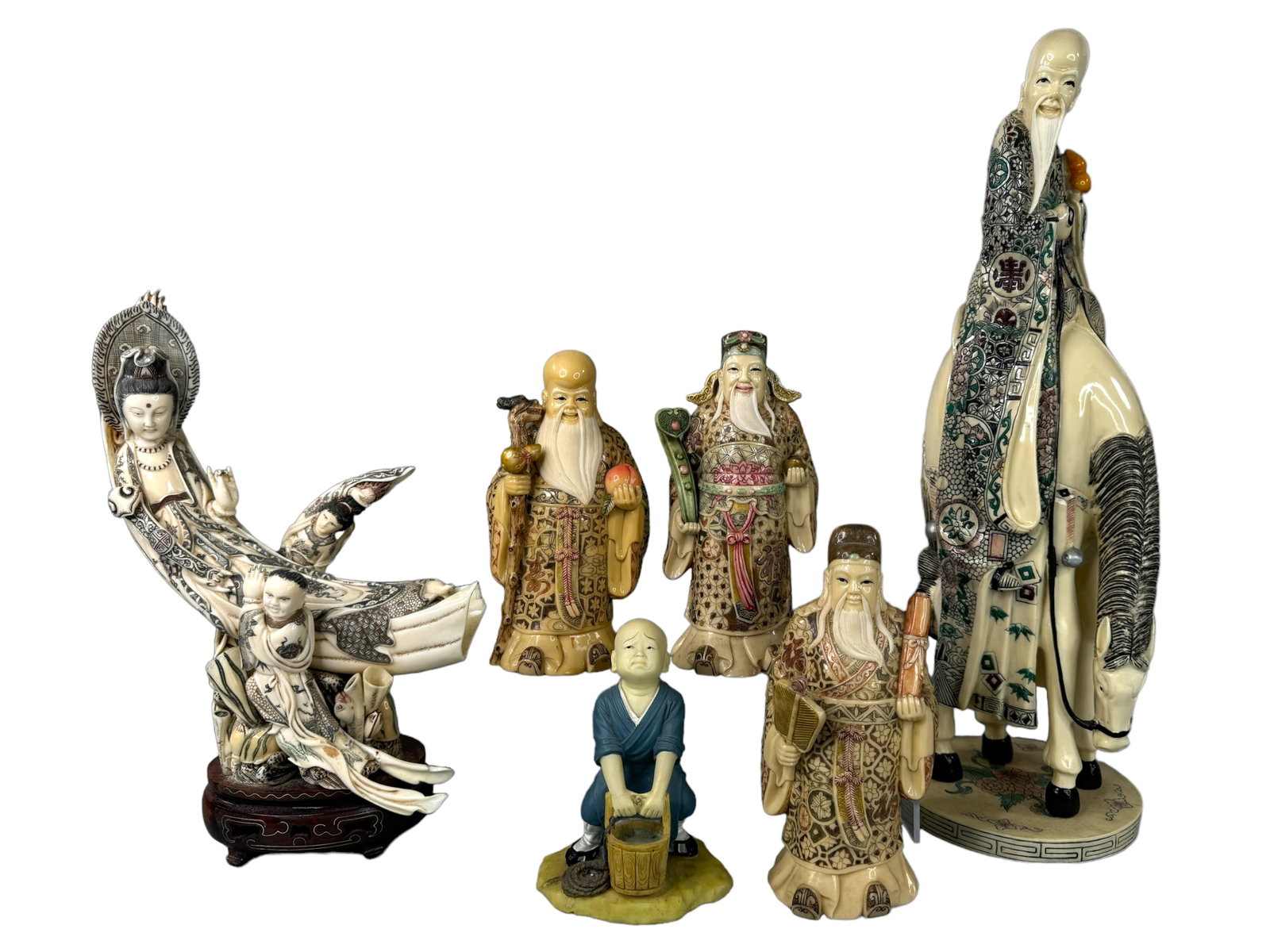 Intricate Resin 3 Wise Men, Quan Yin, Child, Man: Vintage etched, carved, or formed painted detailed Asian resin/ faux ivory figures. Three wise men Feng Shui Shou, Lu & Fu gods stand 7.75 inches tall, man on a horse figure stands 18 inches tall, chi